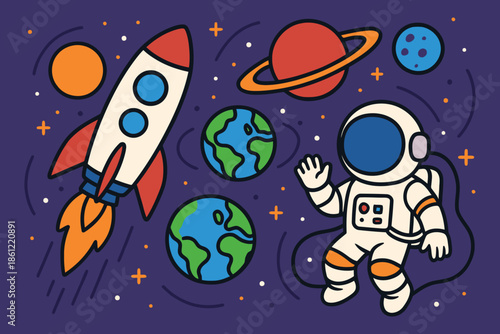Astronaut floating in space near a rocket ship and colorful planets illustration