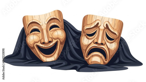 Two artistic wooden theatrical masks, one happy and one sad, draped with black fabric, embodying comedy and tragedy.