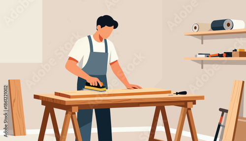 Craftsman smoothing wood on workbench with tools
