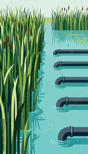 Cattails border a body of water with horizontal pipes emerging from the right side