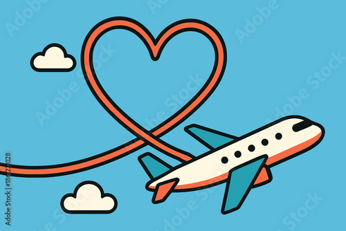 Airplane flying in blue sky leaving a heart shaped smoke trail for travel love concept