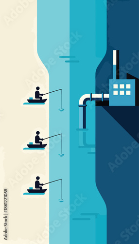 Three boats with figures fishing beside a large building with a pipe