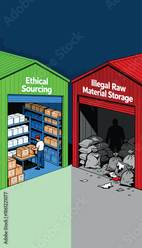 Juxtaposed warehouses, one for ethical sourcing, the other for illicit storage