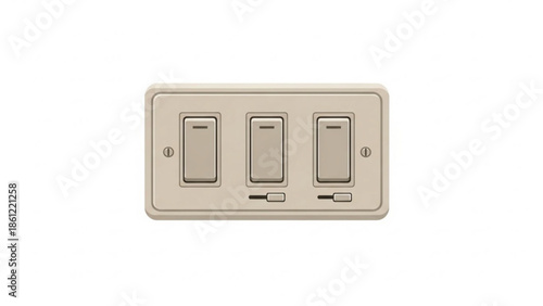 Beige triple light switch panel with integrated dimmer controls, isolated on a clean white background for electrical systems.