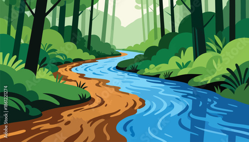 A vibrant, stylized forest scene with a winding blue river through lush greenery