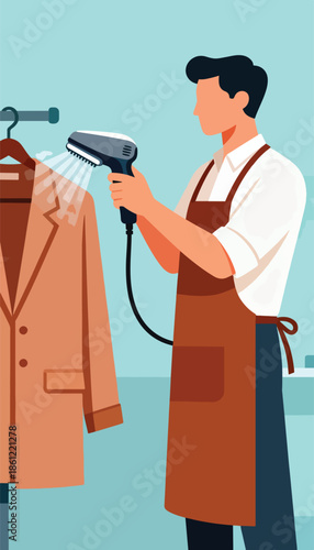 A person steams a jacket hanging on a rack, smoothing wrinkles