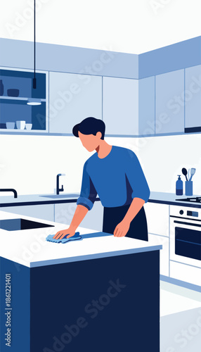 A person in a blue shirt cleans a countertop with a blue cloth in a modern kitchen