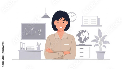 Smiling confident female teacher with crossed arms standing proudly in a well-organized classroom setting, ready to educate.