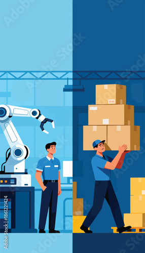 Automation vs. manual labor a robot arm contrasts with a man carrying boxes