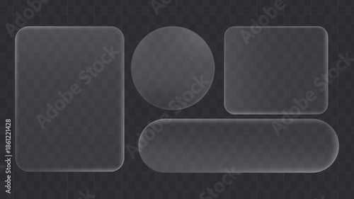 Collection of frosted glass user interface elements featuring various geometric shapes like rectangles circles and elongated rounded shapes for modern design application mockups