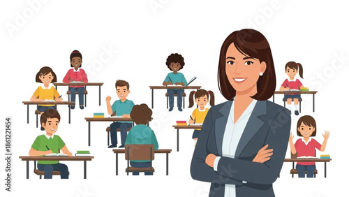 Smiling confident female teacher standing in the foreground with a diverse group of elementary school children in a classroom.