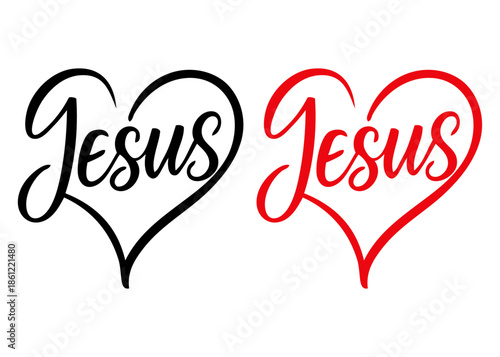 Concepto religioso del amor cristiano. Dibujo con líneas con texto caligráfico Jesus formando parte de un corazón 