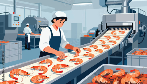 Workers sort and process large quantities of shrimp on a conveyor belt in a factory