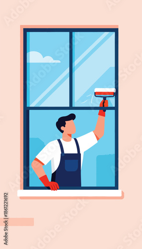 Person cleaning a window with a squeegee, reflecting sky and clouds