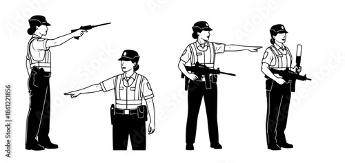 Illustrations of police officers directing traffic and holding firearms