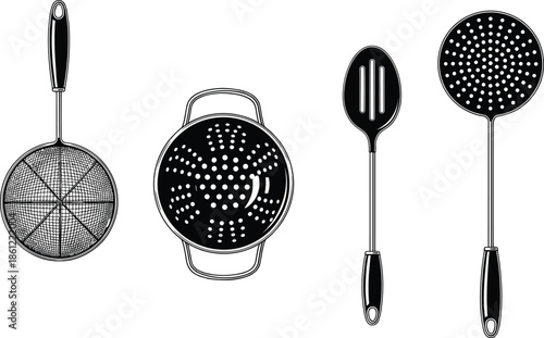 Set of Kitchen Strainer and Colander Icons for Cooking, Metal Skimmer and Slotted Spoon, CAD Drawing Flat Vector Illustration Set