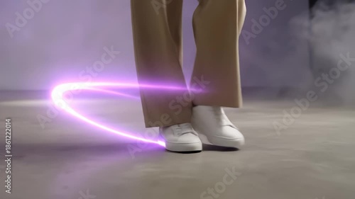 Feet Walking in White Sneakers With Abstract Heart Graphic Overlay