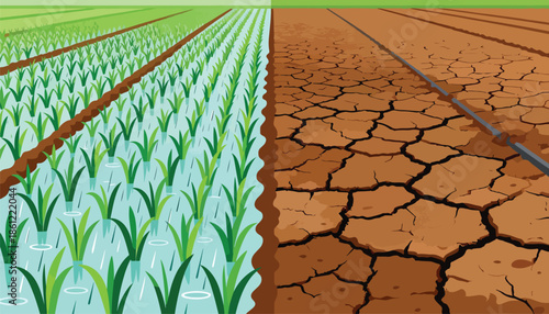 Contrasting flooded green crops next to cracked dry earth