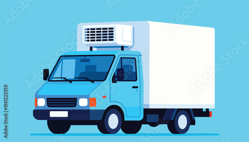 Blue refrigerated delivery truck with white cargo box against a blue background