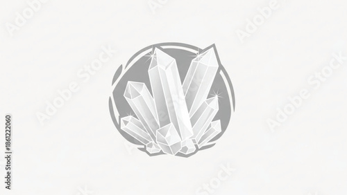 A stylized graphic of a crystal cluster or quartz formation inside a circular frame. This light-gray silhouette represents geology, healing crystals, natural energy, and structural growth. 