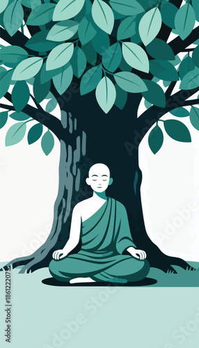 Monk meditating peacefully under a large, leafy tree