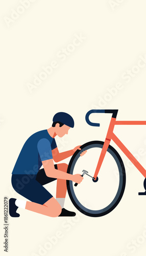 Person kneeling, fixing bicycle wheel with tool