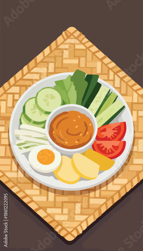 Fresh vegetables, sliced egg, and potato wedges served with dipping sauce on a woven mat