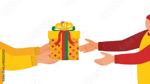 Two hands, one giving a festive yellow gift box with green and red ribbon and star patterns, to another pair of outstretched hands.