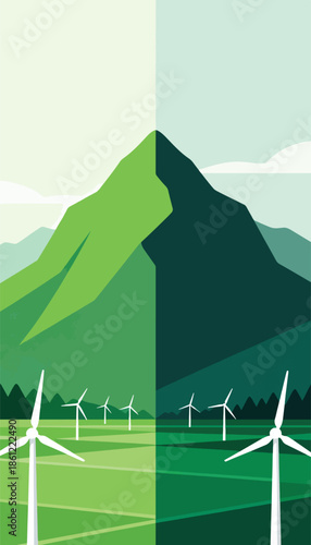Split landscape with wind turbines, bright on left, dark on right, mountains behind