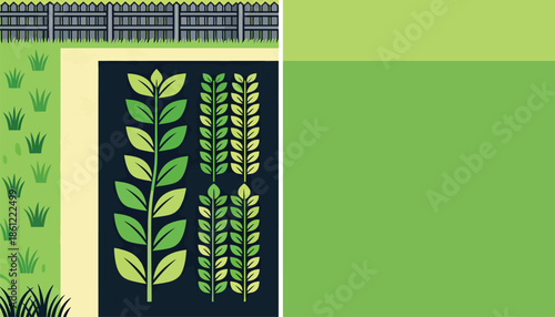 Stylized garden scene with fence, grass, and plant graphics