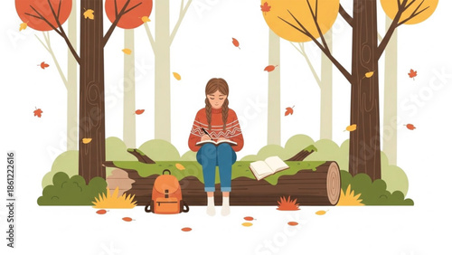 Woman sitting on a log in a colorful autumn forest, writing in a notebook, with a backpack nearby and falling leaves.