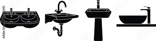 Collection of four bathroom sink silhouettes including double vanity pedestal and modern vessel types cad drawing flat vector illustration set