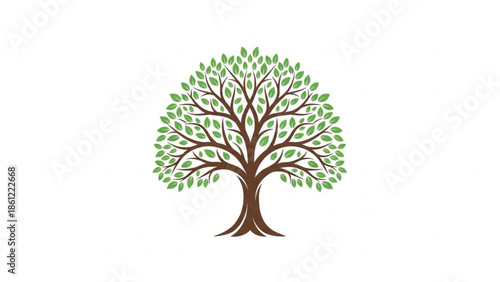 An elegant tree of life illustration featuring a sturdy brown trunk and symmetrical branches adorned with vibrant green leaves. This balanced vector design represents nature, growth, stability.