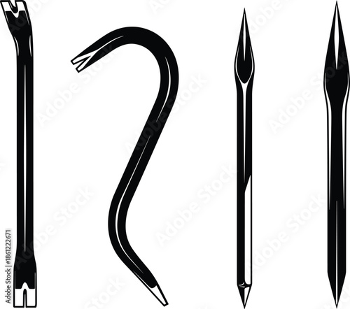 Collection of four heavy duty crowbar and pry bar tool silhouettes for construction and demolition cad drawing flat vector illustration