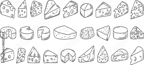 Cheese slices hand drawn doodle vector set, cheddar, parmesan, swiss, and dairy products for organic grocery shop menu