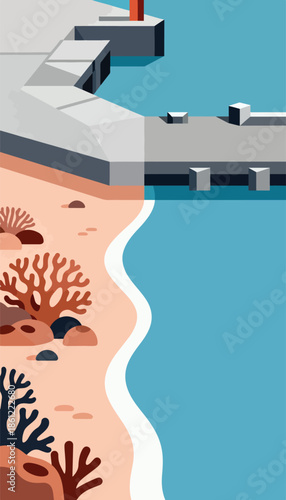 Minimalist seaside scene with geometric structures and coral on beach