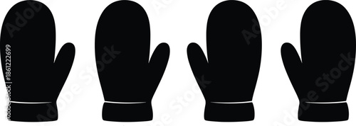 Collection of four winter mitten silhouettes in various orientations for cold weather clothing cad drawing flat vector illustration for design