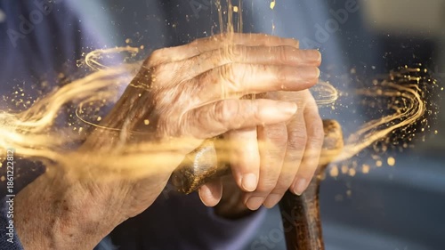 Elderly Hands Holding Cane Enhanced With Magical Effect Animation