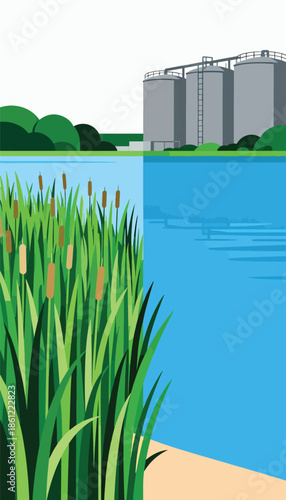 Industrial tanks rise behind a serene lakeside with tall reeds