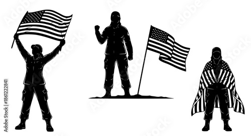 Collection of powerful patriotic silhouettes showcasing national pride and freedom, featuring figures honoring their country with a symbolic waving flag and heartfelt dedication