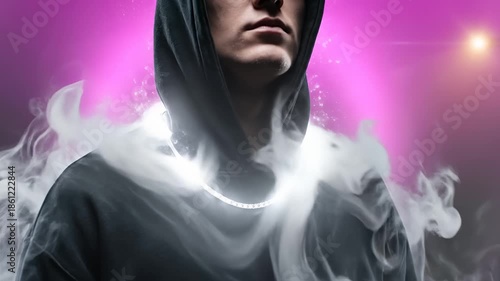 Man Wearing Hoodie Adorned With Jewelry and Smoke Effect Outdoors