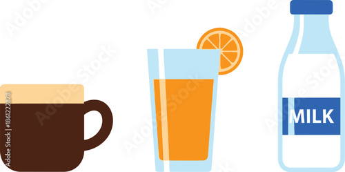 A cup of coffee, a glass of orange juice, and a bottle of milk.