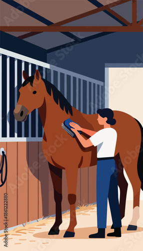 Person grooms a brown horse inside a stable