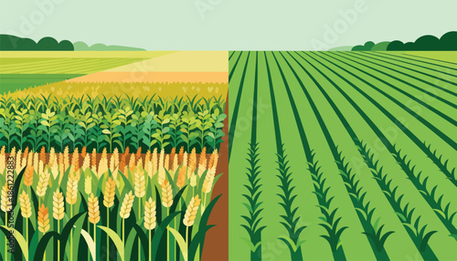 Rows of ripe golden wheat and lush green crops stretch towards distant rolling hills