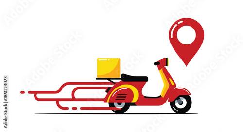 A red scooter with a yellow box is delivering a package with a location pin.