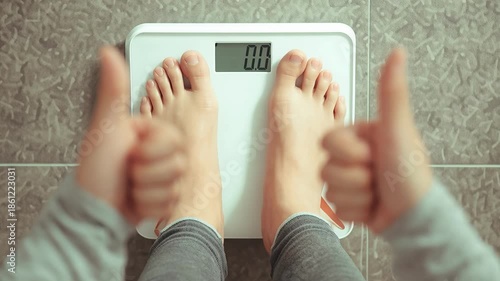 Child's feet on digital bathroom scale with thumbs up hands, joyful weight loss success celebration fitness achievement