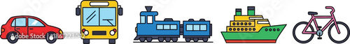 A red car, yellow bus, blue train, green ship, and purple bicycle are lined up.
