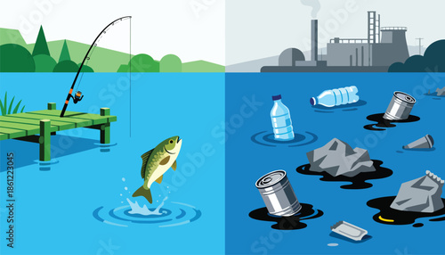 Clean water with a jumping fish contrasts with polluted water with trash