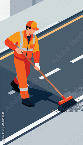 A worker in high-visibility gear sweeps debris from a road