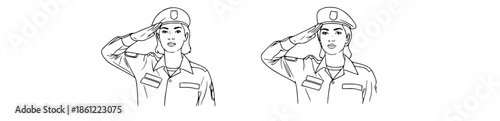 Monochrome line art illustration depicting a female figure in uniform performing a respectful military salute, symbolizing honor, duty, and patriotism in a simple graphic style